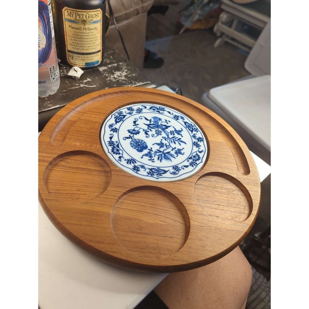 Vintage Dolphin Teak Blue Onion Blue Danube Tile Cheese Charcuterie Serving Tray